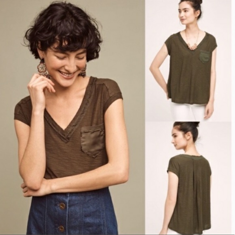 Anthropologie Postmark Green Stitched Slub Tee